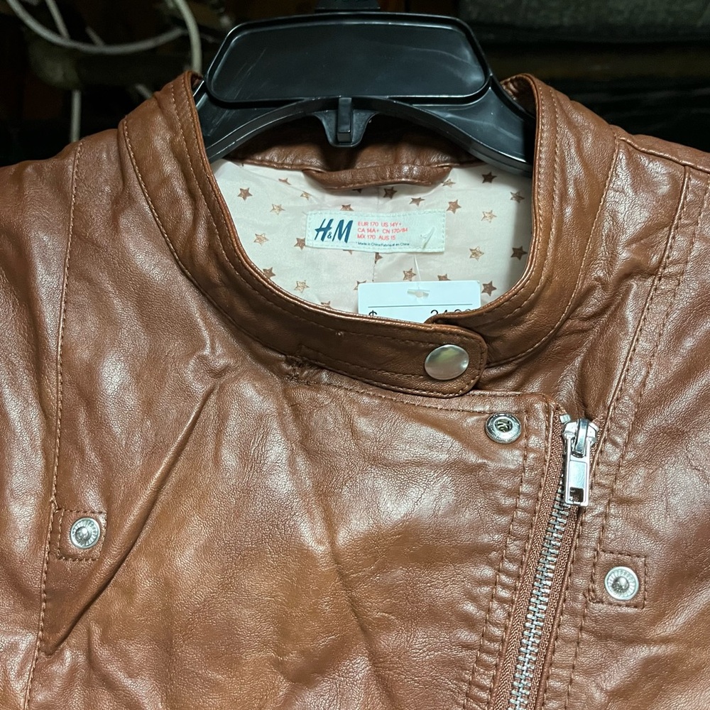 H&M kids girls brown leather moto jacket nwt size 14 - Picture 6 of 13
